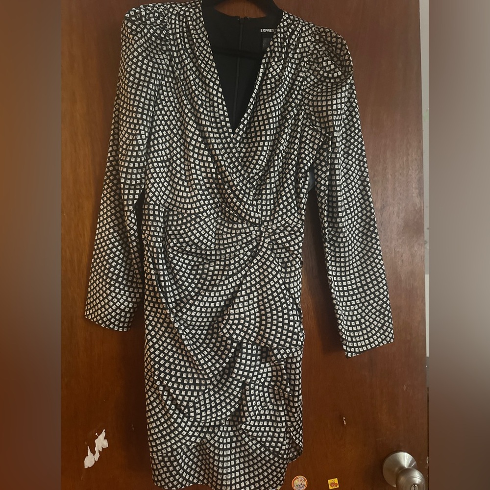Express Black and White Asymmetrical Ruched Dress